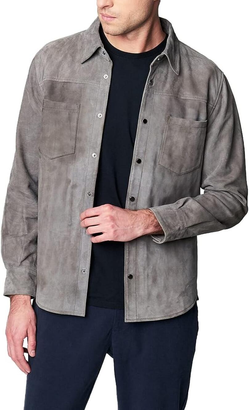 Blank NYC Pearl Snap Men's XL Grey Goatskin Leather Suede Shacket Western Preppy